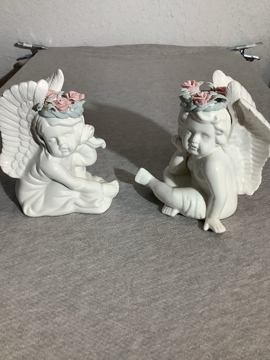 Other - Vintage White Ceramic Cherub Angel Figurines with Pink Flower Crowns - Pair